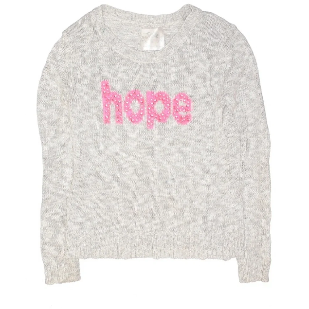 Justice Pullover Crew Neck Grey Sweater w “hope” on the front sz Youth 12 EUC